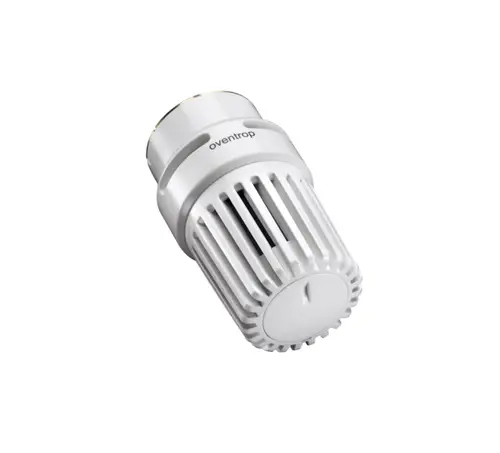 Thermostat von Oventrop in Weiß, zylindrische Form mit Lamellenstruktur, geeignet für Heizungsanlagen.